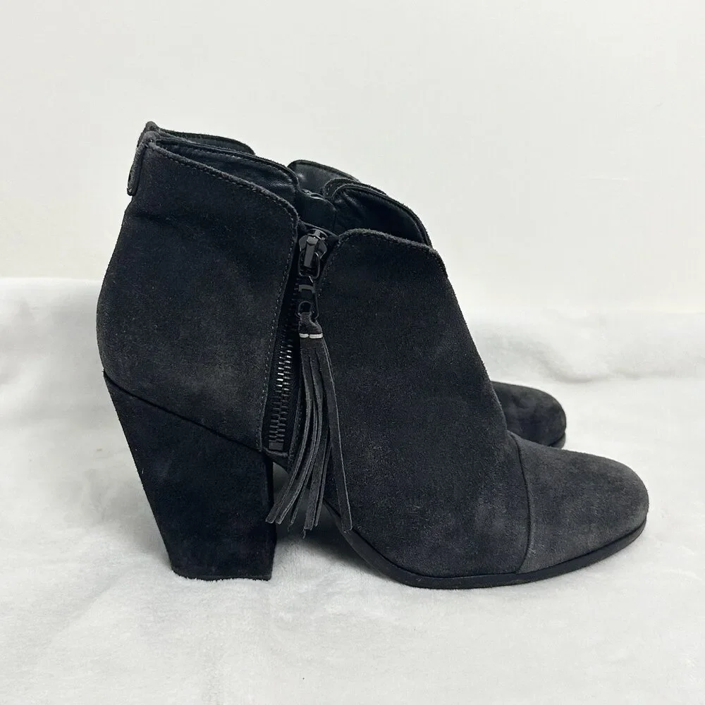 Rag & Bone Margot Ankle Booties Asphalt Grey Suede Fringe Block Heel Boho Casual